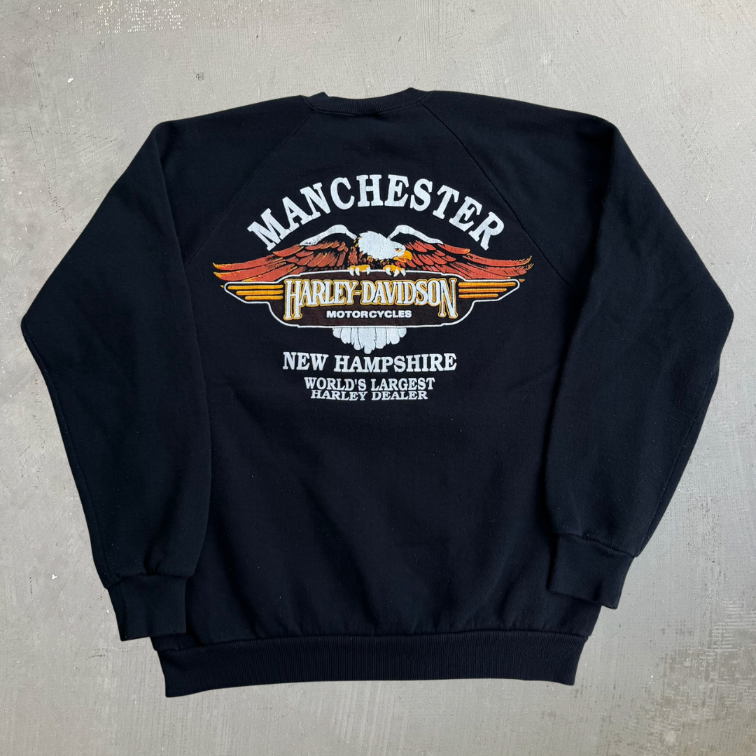 J- Vintage Harley Davidson 90s Manchester New Hampshire Graphic Made In USA Crewneck - L (fits M)