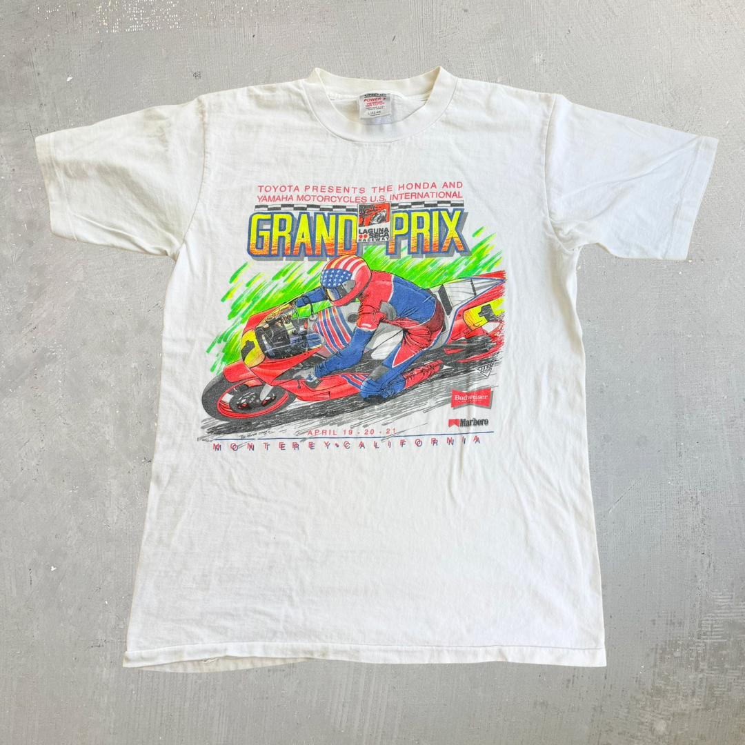 J- Vintage '91 Laguna Raceway Grand Prix Yamaha Motorcycle International Graphic Single Stitch Tee - L