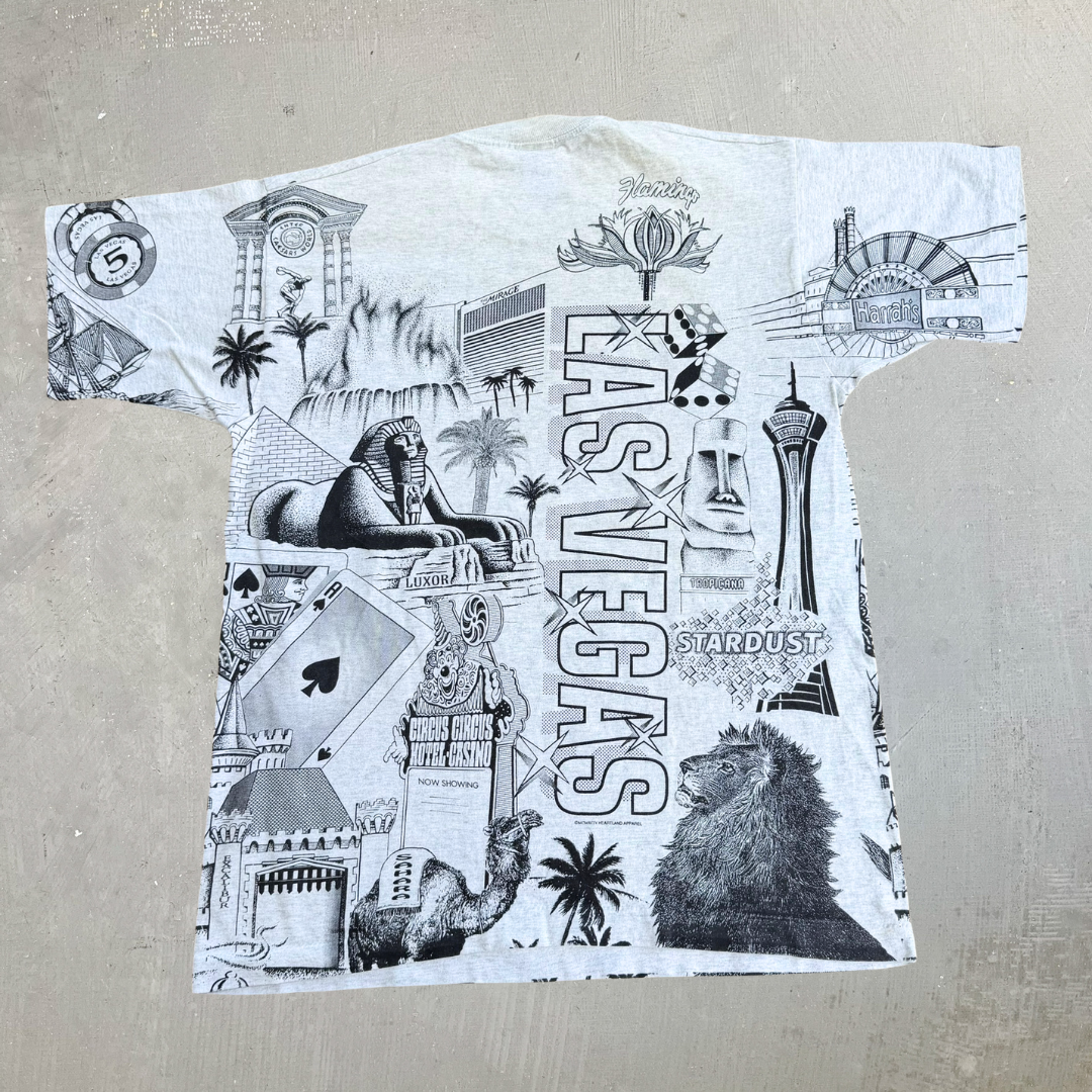 J- Vintage Las Vegas Hotels & Casino All Over Print Graphic Single Stitch Tee - L