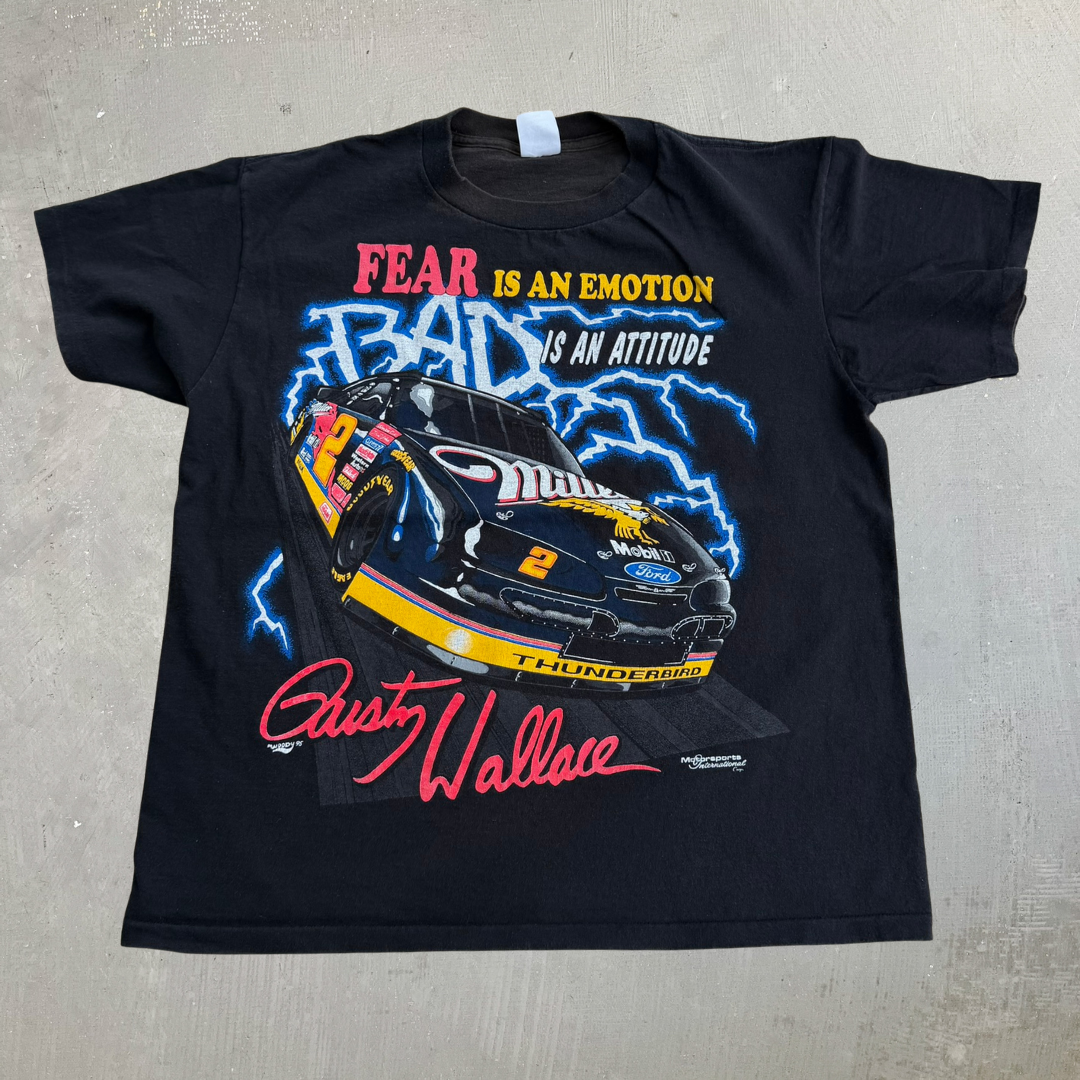 J- Vintage '95 Nascar Dusty Wallace Attitude Care & Lightning Made In USA Single Stitch Tee - L
