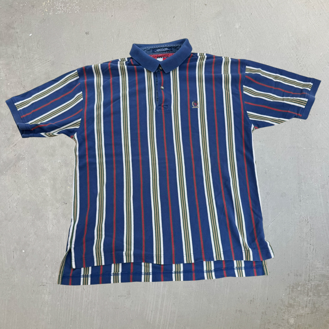J- Vintage Tommy Hilfiger 90s Embroidered Crest Striped Polo Shirt - XL