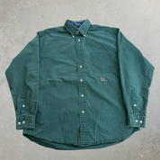 J- Vintage Tommy Hilfiger Embroidered Crest Olive Green Button Down Shirt - M