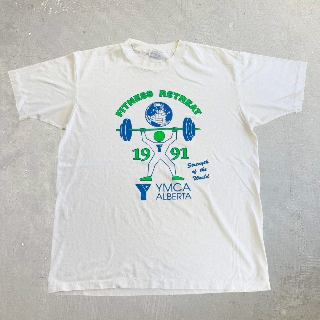 J- Vintage '91 YMCA Alberta Fitness Retreat Graphic & Text Made In USA Single Stitch Tee - L