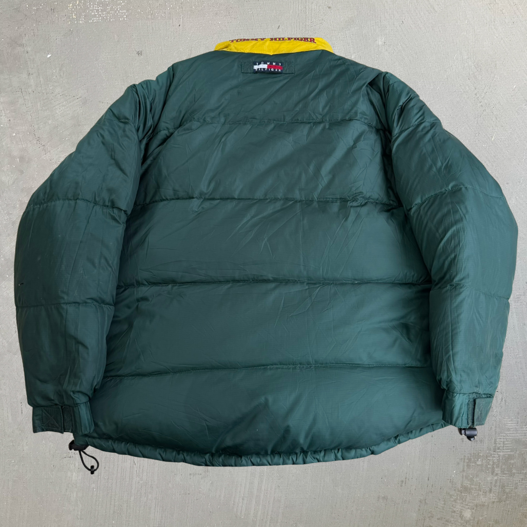 J- Vintage 90s Tommy Hilfiger Navy Plaid & Green Reversible Puffer Winter Jacket - XL