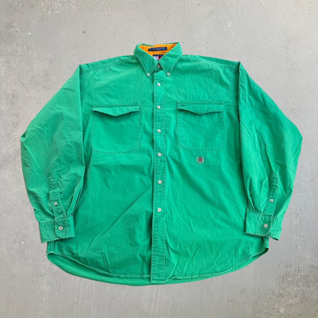 J- Vintage Tommy Hilfiger Embroidered Crest Green Button Down Shirt - L