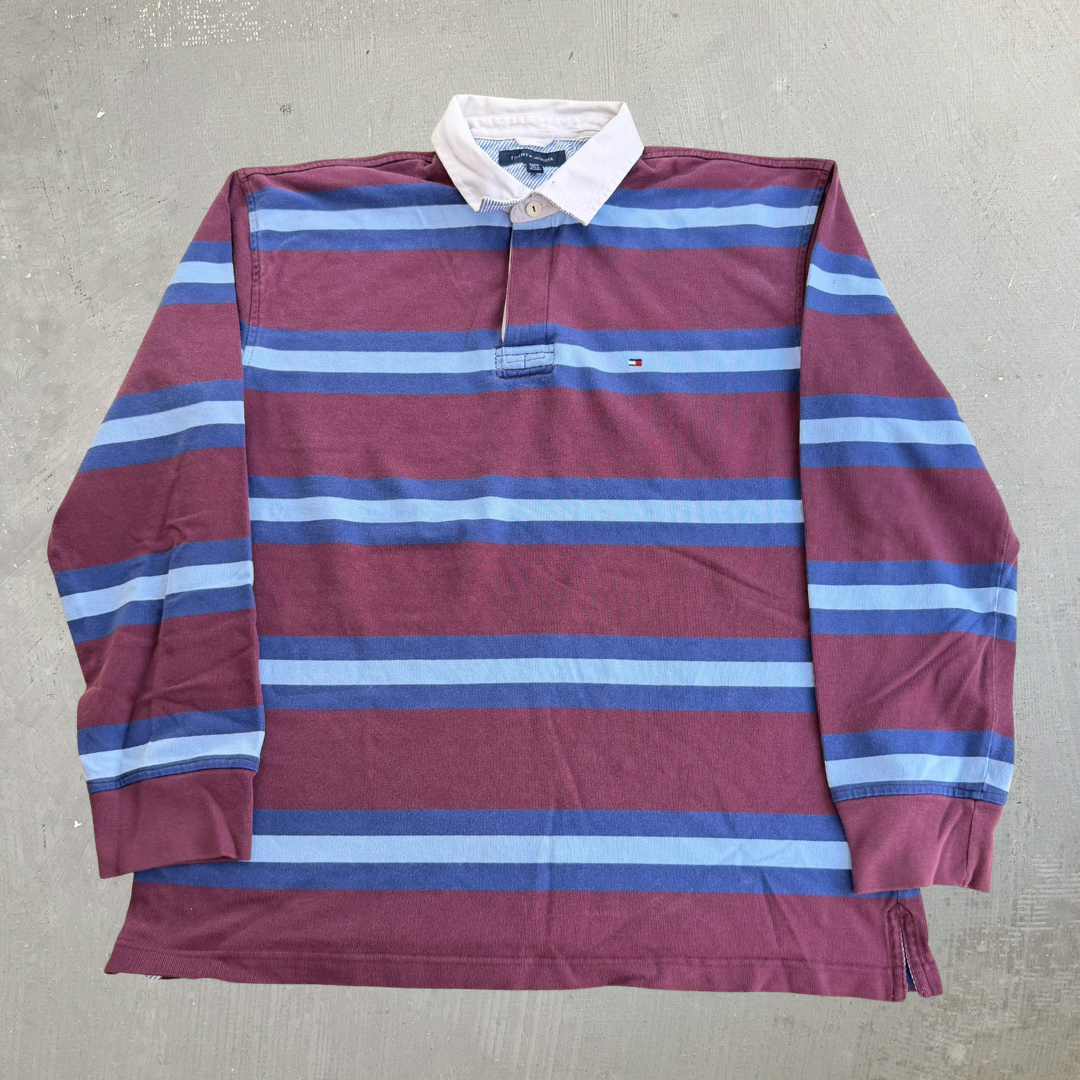 J- Vintage Tommy Hilfiger Embroidered Logo Long Sleeve Rugby Shirt - XL