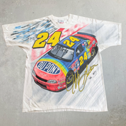 J- Vintage '98 Nascar Jeff Gordon Car & Pitt Crew Graphic Jumbo Print Made In USA Tee - L