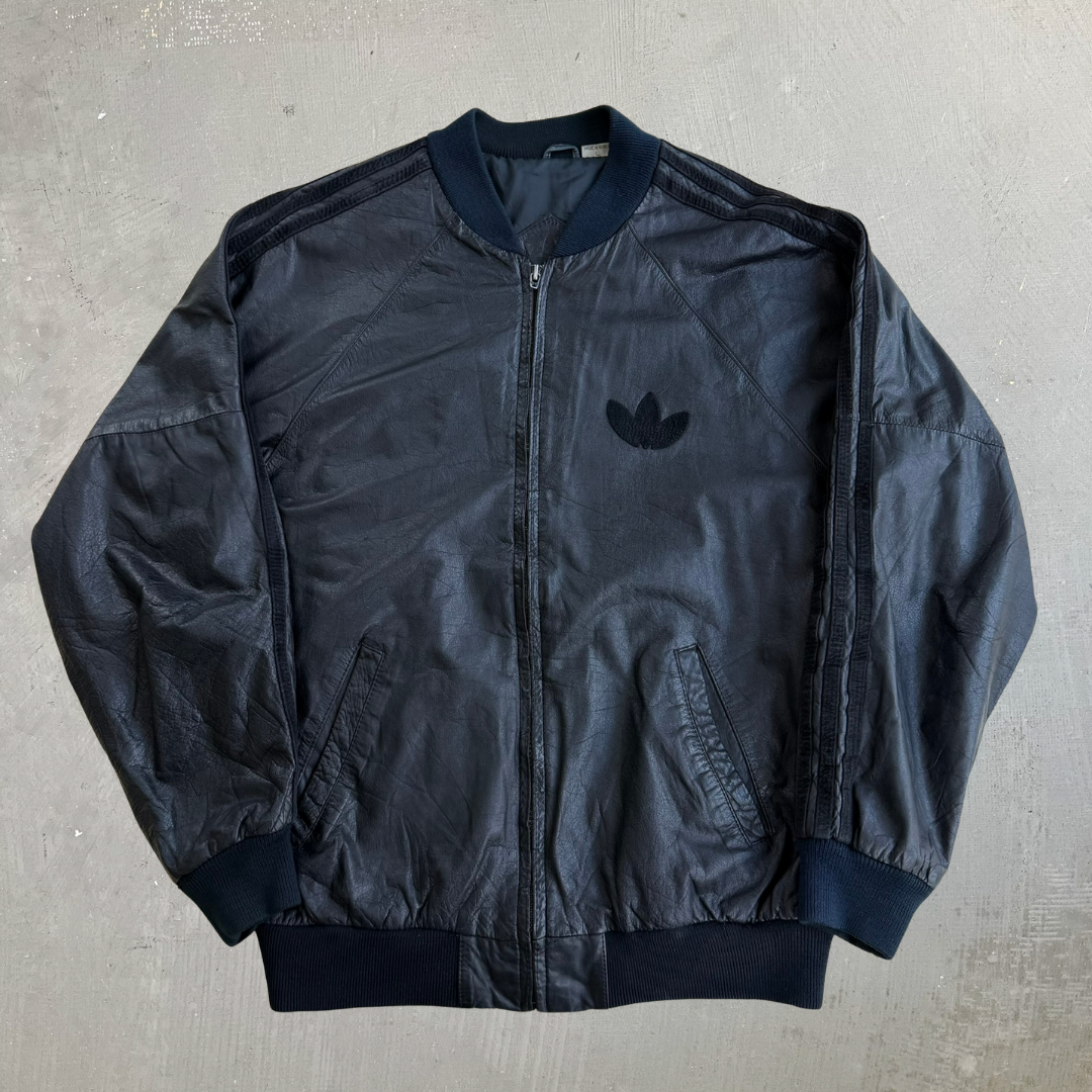 J- Vintage 90s Adidas Embroidered Logo Zip Up Leather Bomber Jacket - L