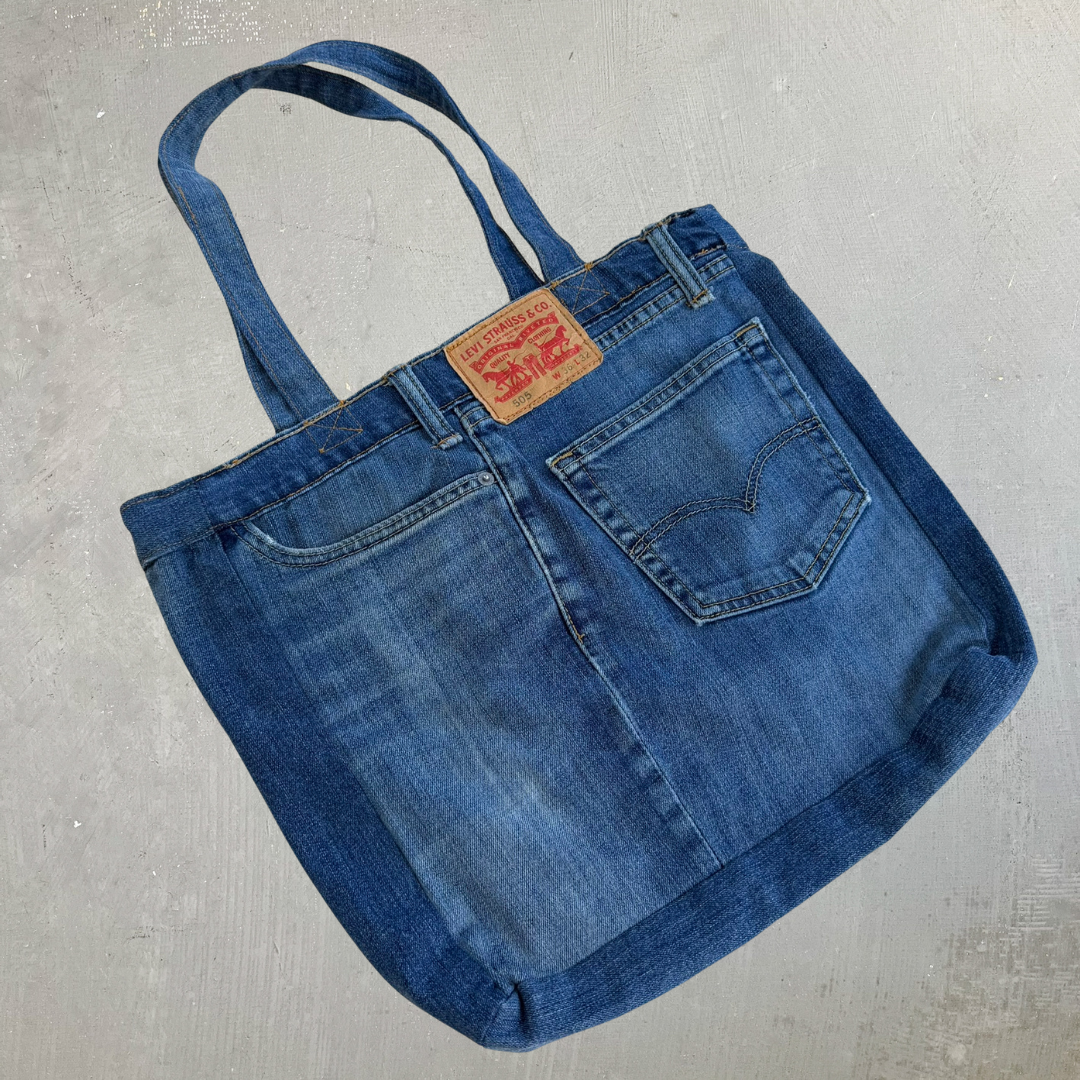 F- HOM Levi's 505 Dark Blue Denim Wash Reworked Denim/Jeans Tote Bag