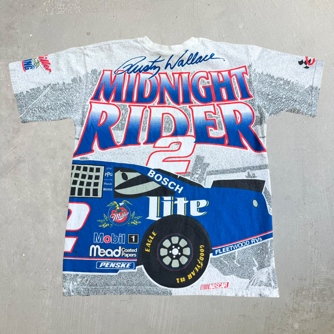 J- Vintage Nascar Rusty Wallace All Over Print Graphic Made In USA Tee - L