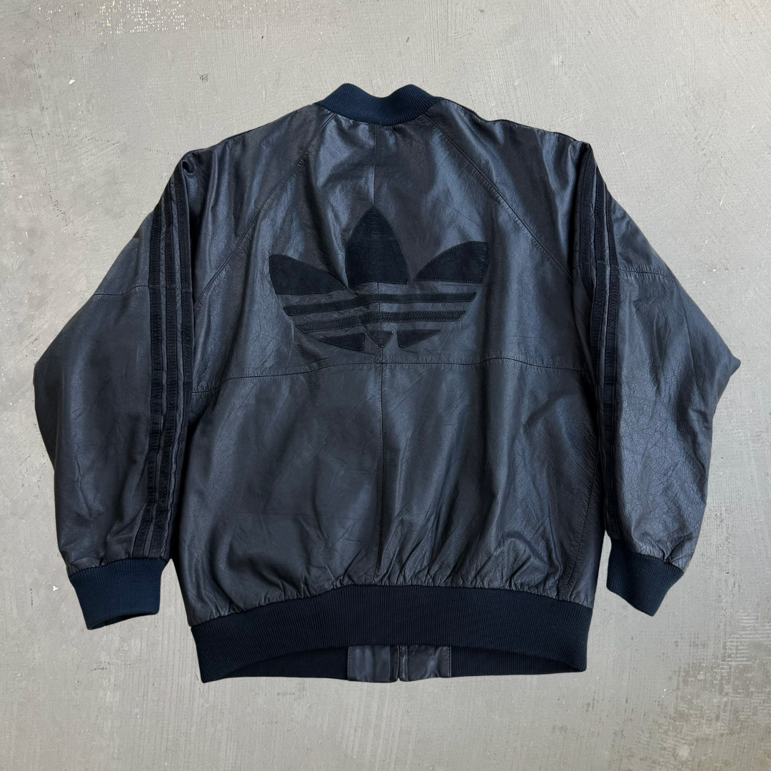 J- Vintage 90s Adidas Embroidered Logo Zip Up Leather Bomber Jacket - L