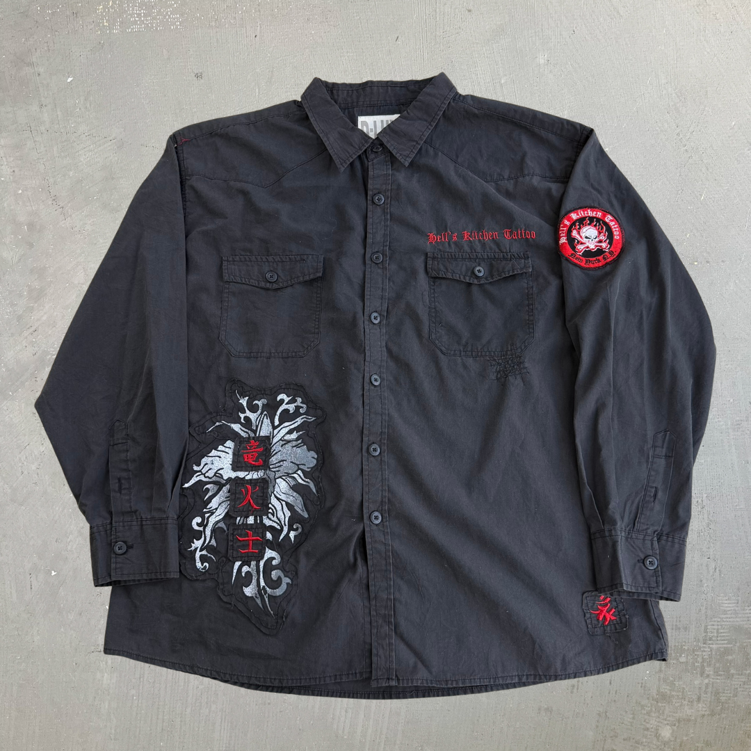 Vintage D-Lux Hells Kitchen Tattoo Embroidered Text & Graphic Button Down Shirt - 3XL