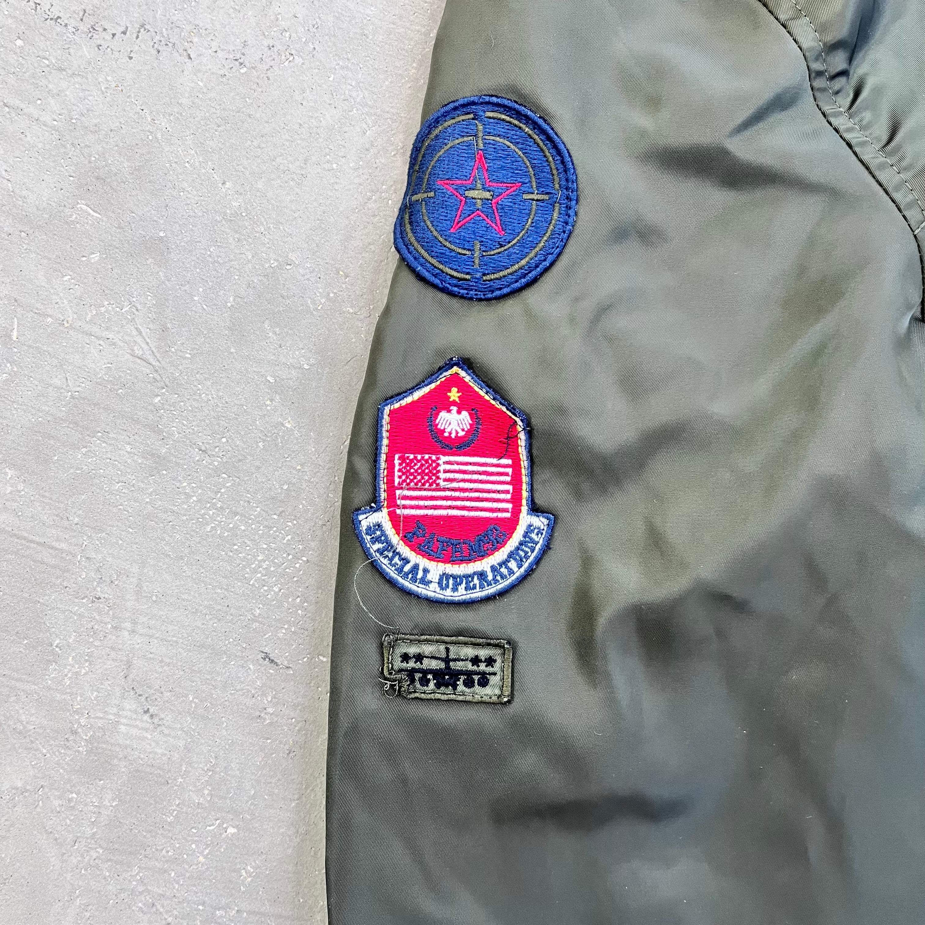 D- Vintage 1992 Phat Farm Satin Bomber Jacket w/ Patches