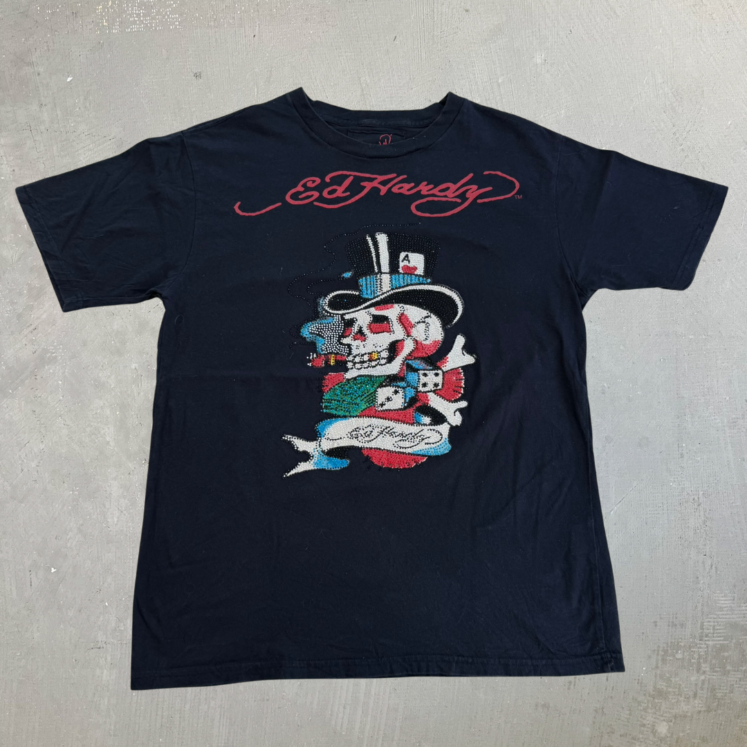 J- Vintage Ed Hardy Rhinestone Skeleton & Dices Graphic Tee - XL