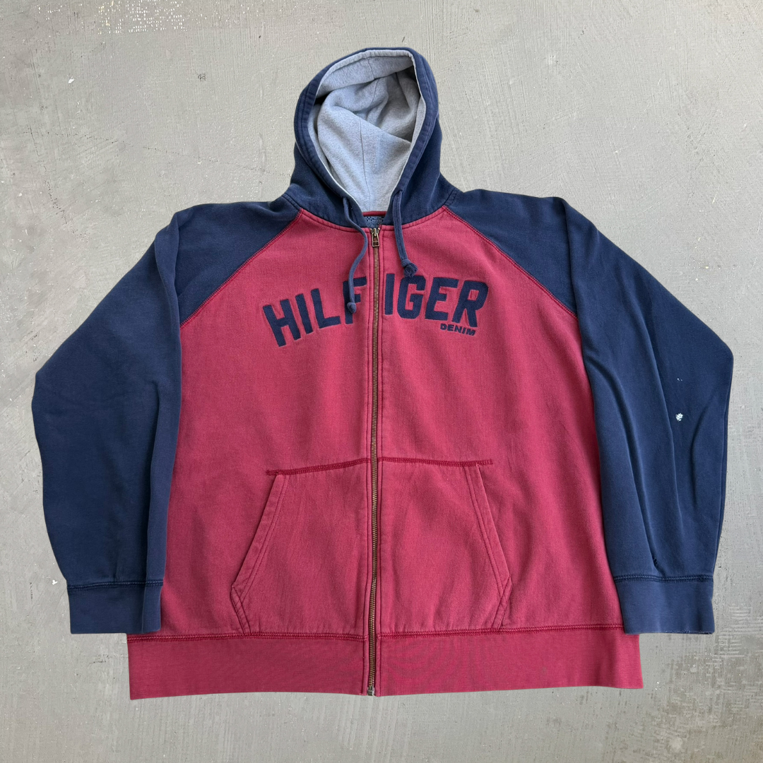 J- Vintage Tommy Hilfiger Denim Embroidered Text Zip Up Hoodie - XL