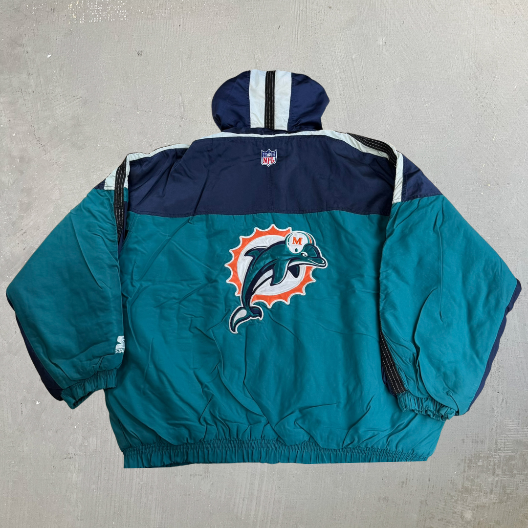 J- Vintage Miami Dolphins NFL Pro Line Starter Hooded Zip Up Winter Jacket - XL