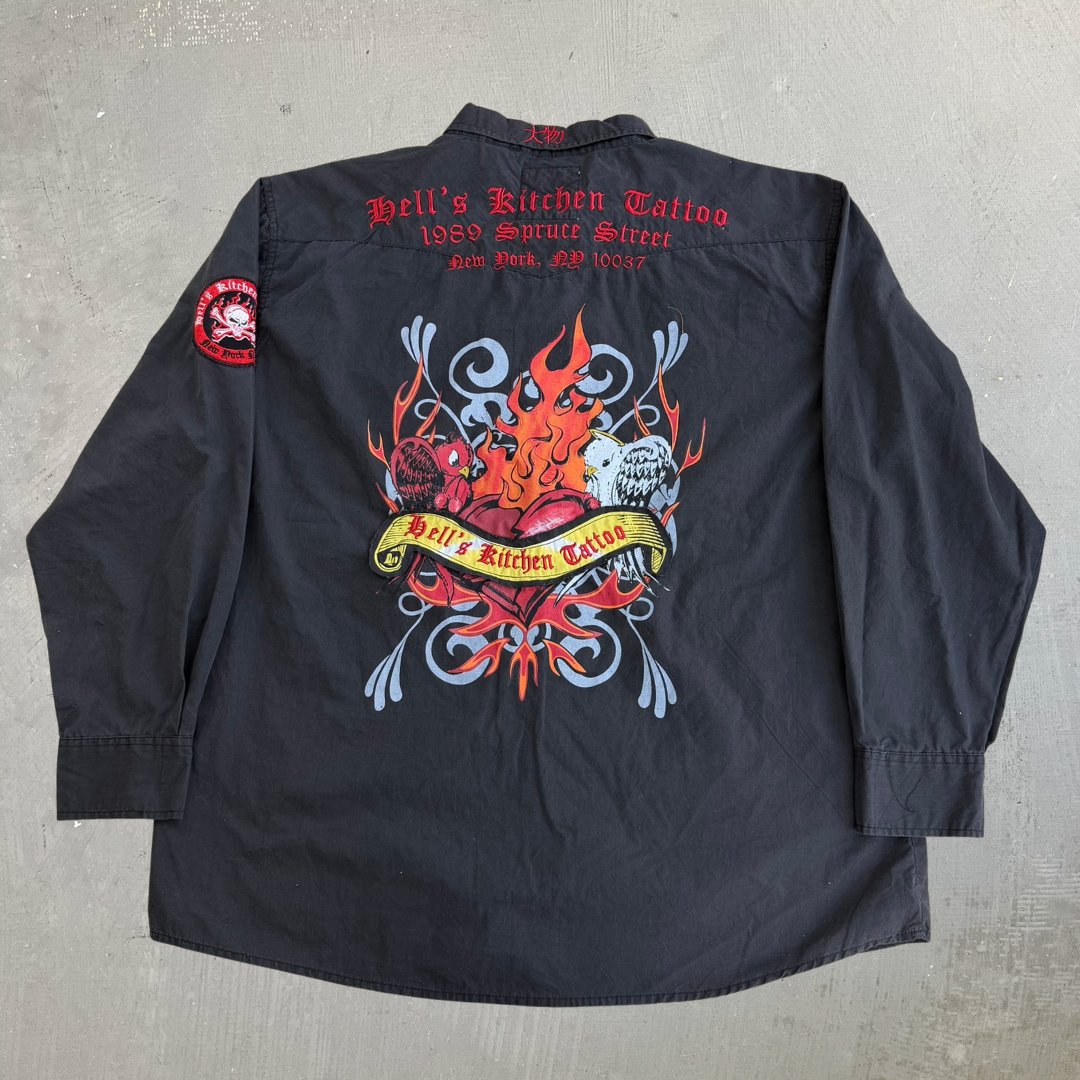 Vintage D-Lux Hells Kitchen Tattoo Embroidered Text & Graphic Button Down Shirt - 3XL