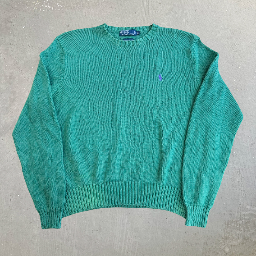 J- Vintage 90s Polo RL Embroidered Logo Green Knit Sweater - XL