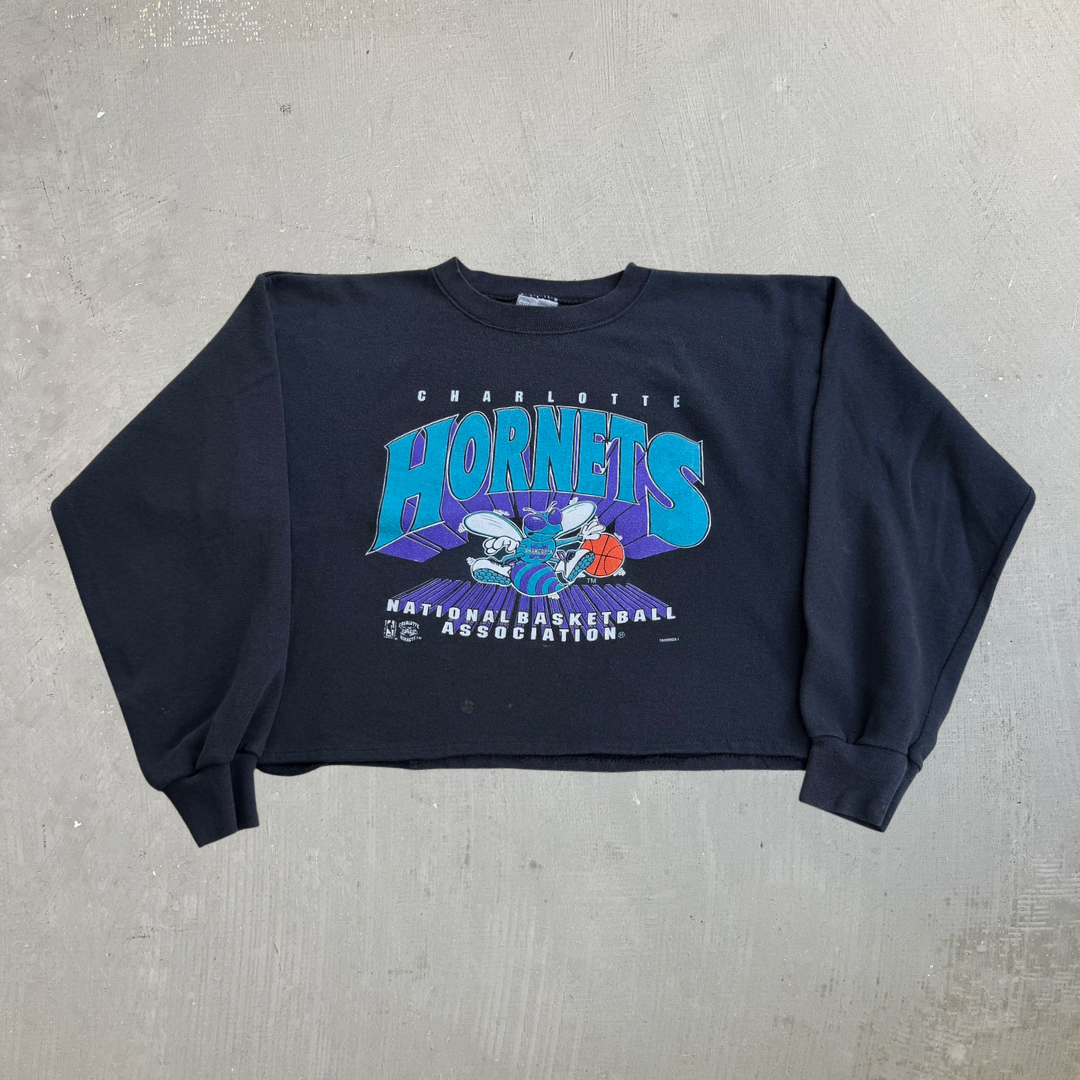 J- Vintage Charlotte Hornets NBA Logo & Text Made In USA Cropped Crewneck - L