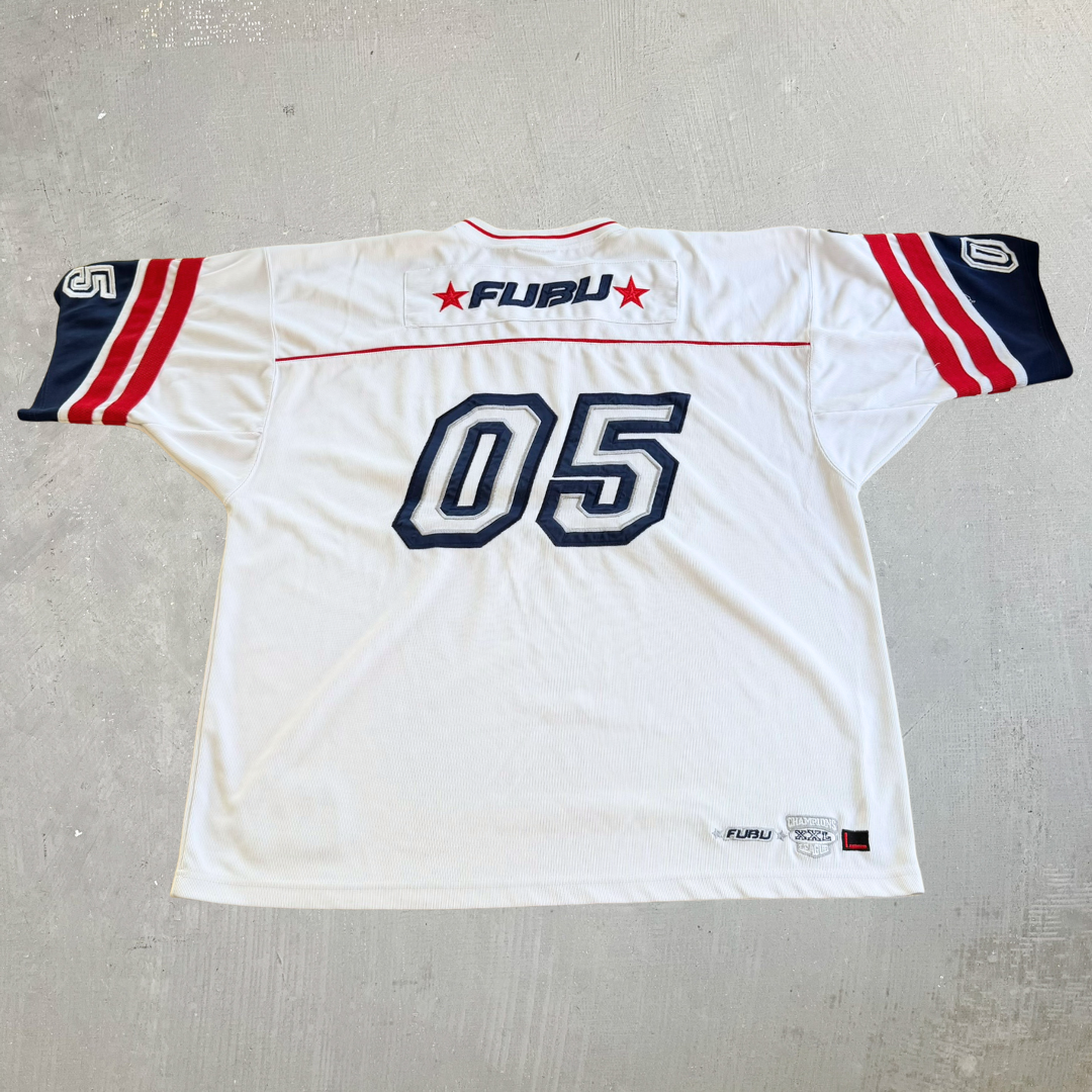 J- Vintage 90s Fubu Champions 05 Embroidered Text Football Jersey - 2XL