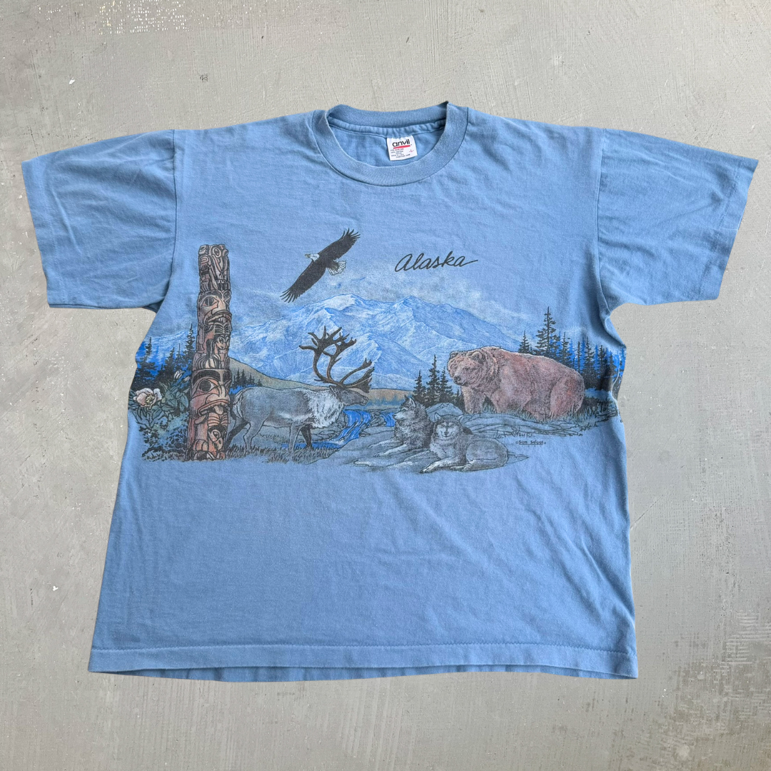 J- Vintage '91 Red Anvil Alaska Animals & Mountains Graphic Made In USA Single Stitch Tee - L