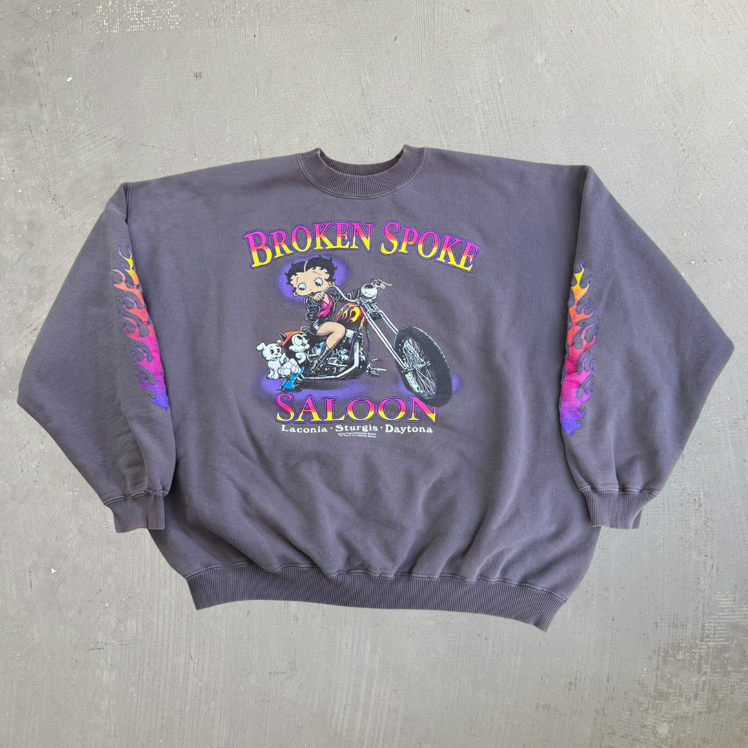 Vintage Broken Spoke Saloon Bike Week Betty Boop Motorcycle Graphic Crewneck - 2XL