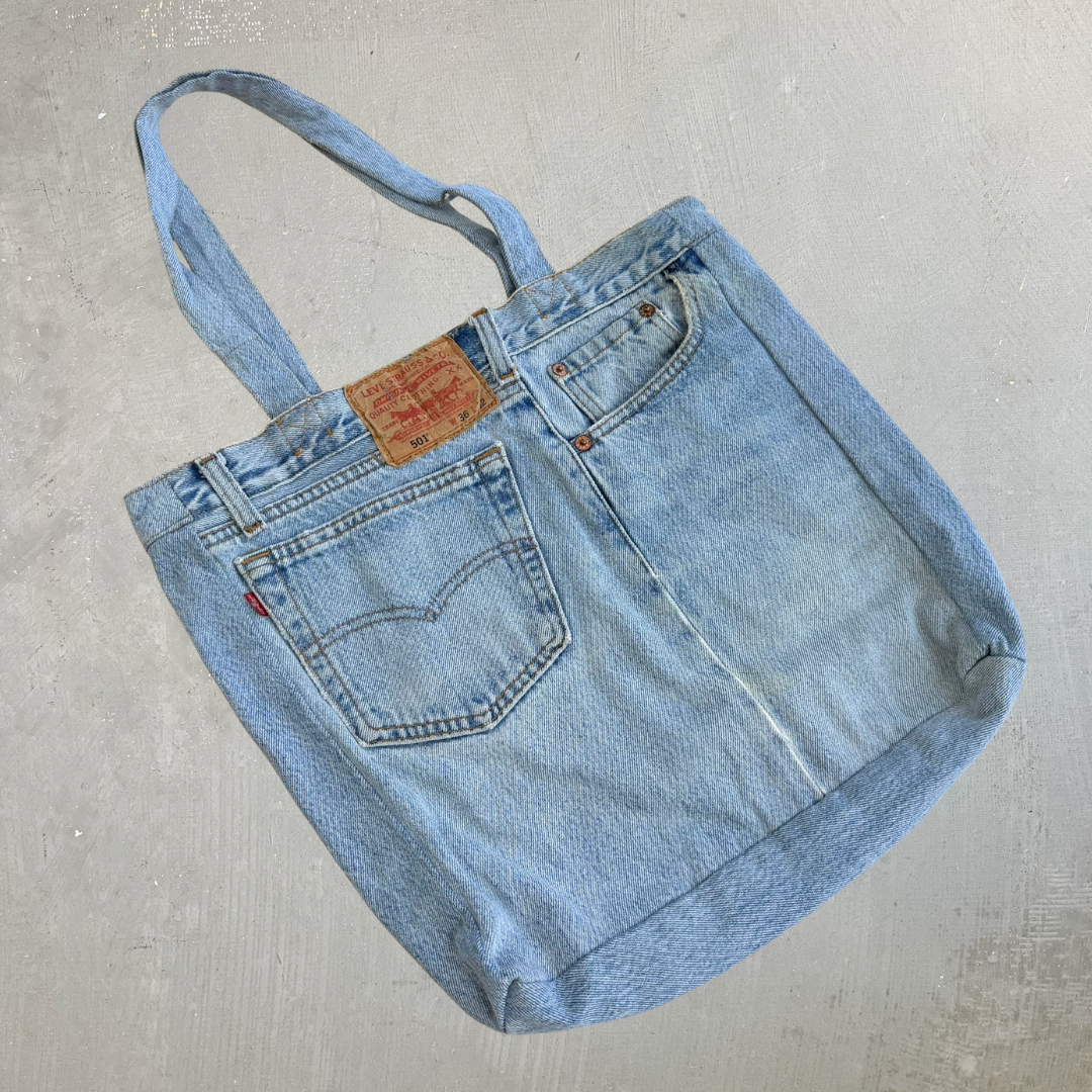 F- HOM Levi's 501 Light Blue Denim Wash Reworked Denim/Jeans Tote Bag