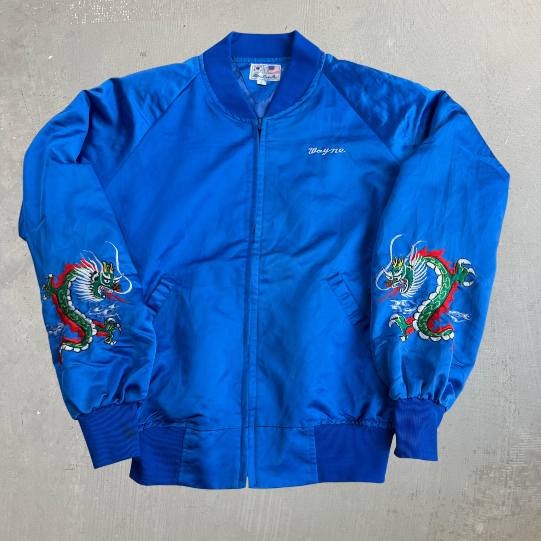 J- Vintage '86 Team Spirit Embroidered Dragons Satin Bomber Jacket - L