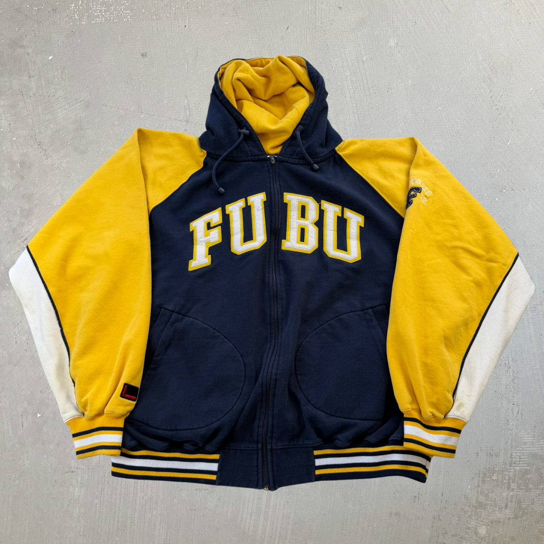J- Vintage Fubu Embroidered Chenille Text Zip Up Hoodie - 3XL