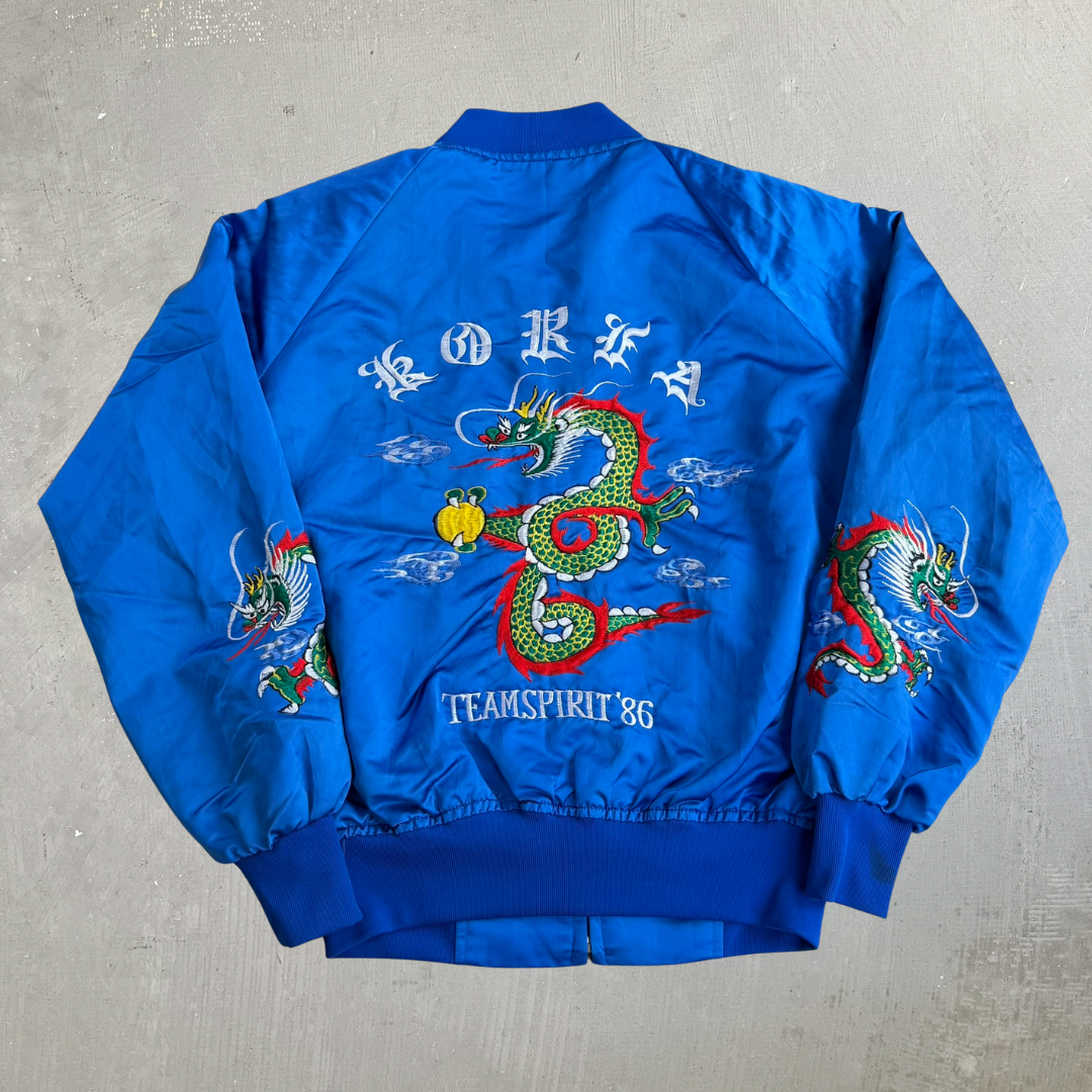 J- Vintage '86 Team Spirit Embroidered Dragons Satin Bomber Jacket - L