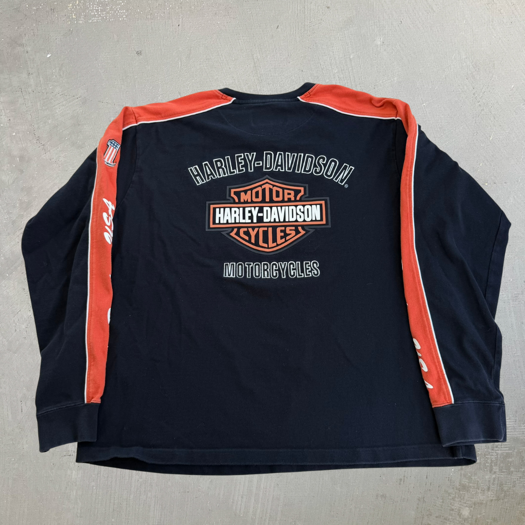 J- Vintage Harley Davidson Embroidered Logo & Text Long Sleeve Tee - XL