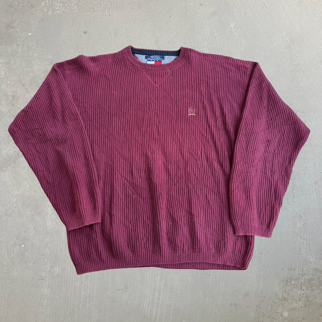 J- Vintage Tommy Hilfiger Embroidered Crest Maroon Knit Sweater - L