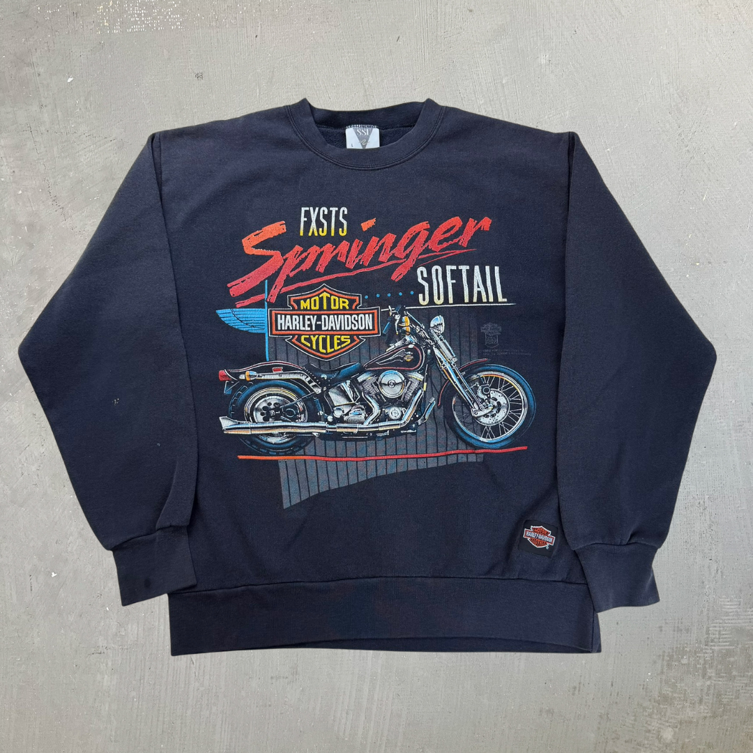 J- Vintage '89 Harley Davidson Springer Motorcycle Graphic Made In USA Crewneck - L