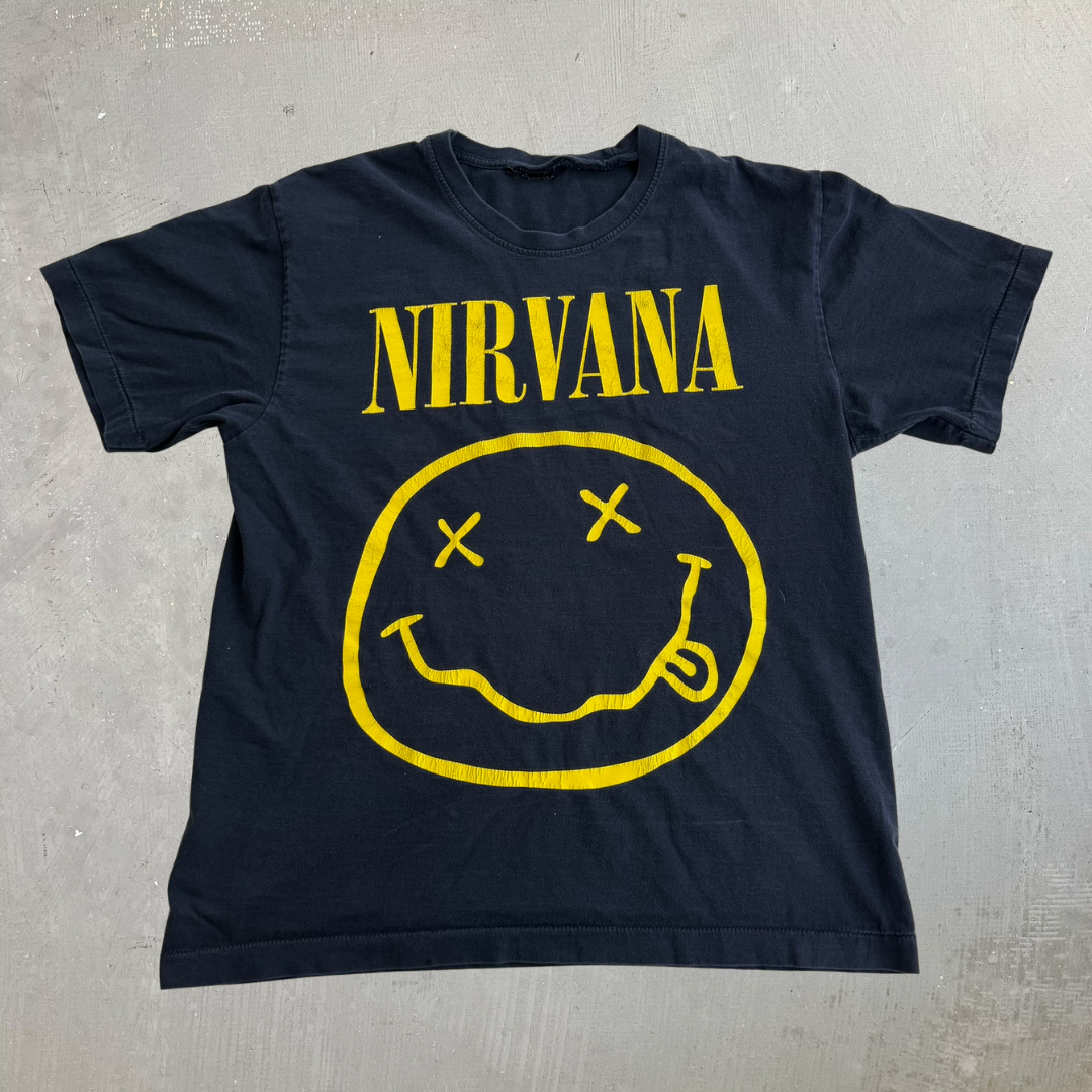 J- Vintage Nirvana Smiley Face Logo Single Stitch Tee - L