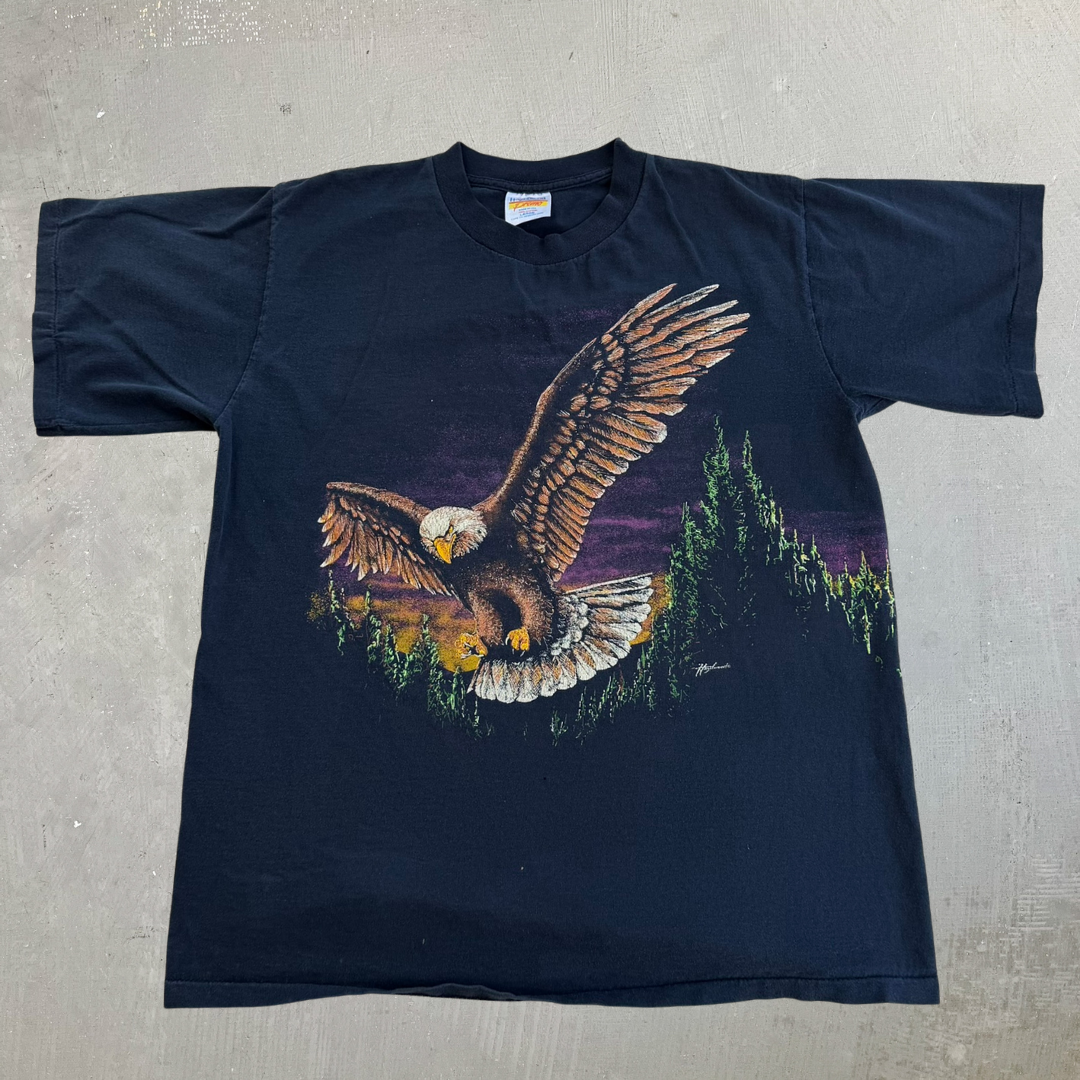 J- Vintage Eagle Flying Over Forest Graphic Made In USA Single Stitch Tee - L