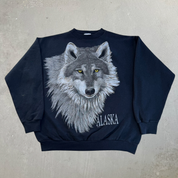 Vintage Tultex Alaska Wolf Animal Print Graphic Crewneck - L