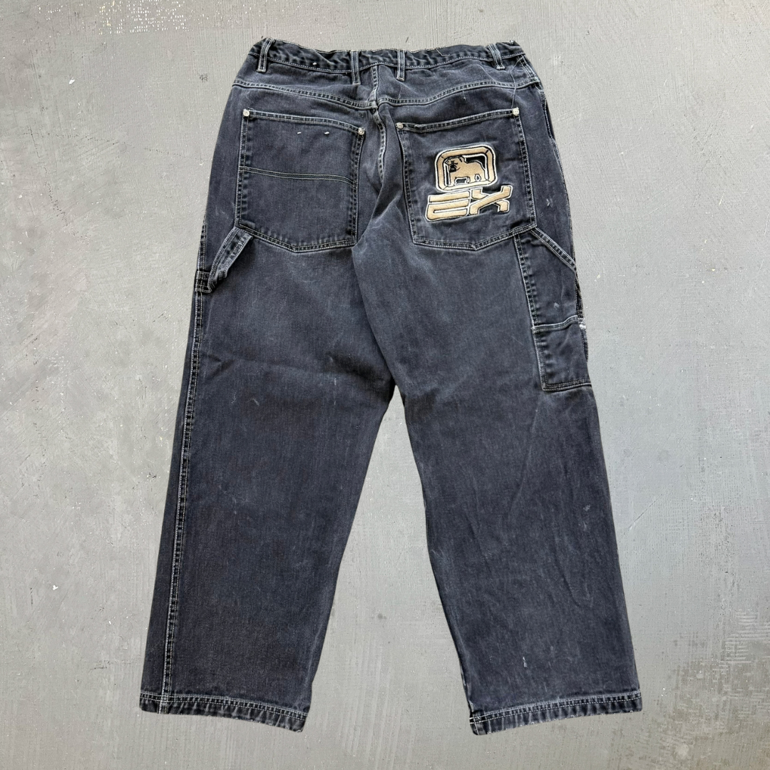 Vintage Exco Jeans Logo Faded Black Wide Leg Jeans - 35x29