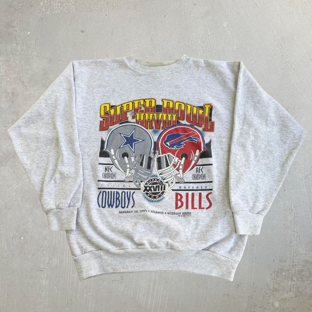 J- Vintage '94 NFL Super Bowl 28 Dallas Cowboys Buffalo Bills Graphic Made In USA Crewneck - XL (fits L)