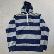 J- Vintage Polo Ralph Lauren Embroidered Logo Navy Grey Striped Henley Hoodie - L