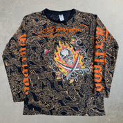 J- Vintage Ed Hardy Rhinestone Skull & Fire All Over Print Made In USA Long Sleeve Tee - XL
