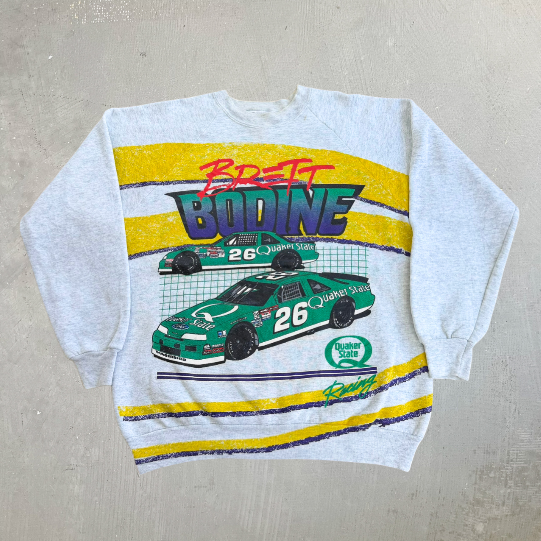 J- Vintage Nascar Quaker State Brett Bodine Car Graphic Made In USA Crewneck - L