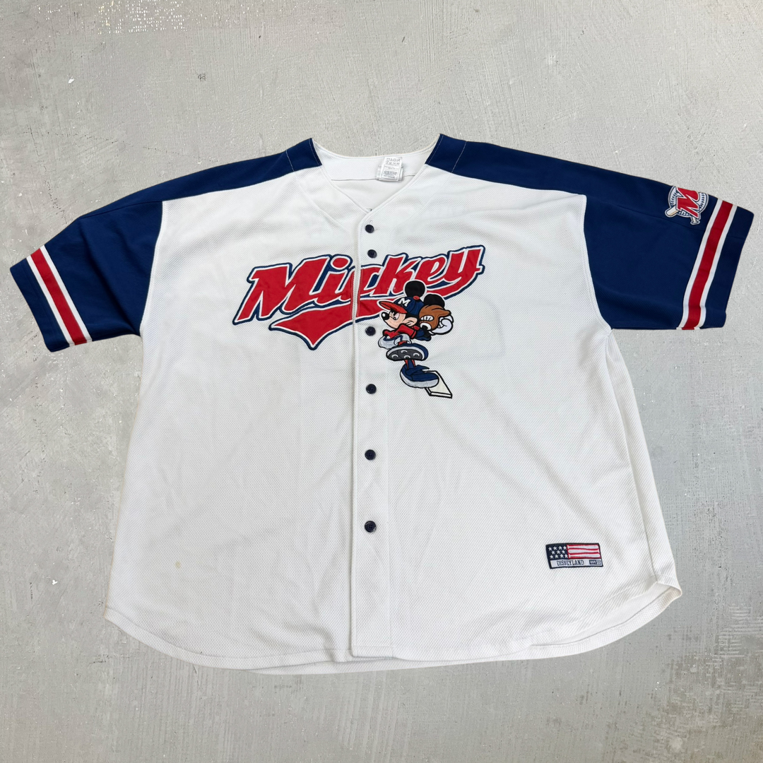J- Vintage Disney Mickey Mouse Embroidered Character & Text Baseball Jersey - 2XL