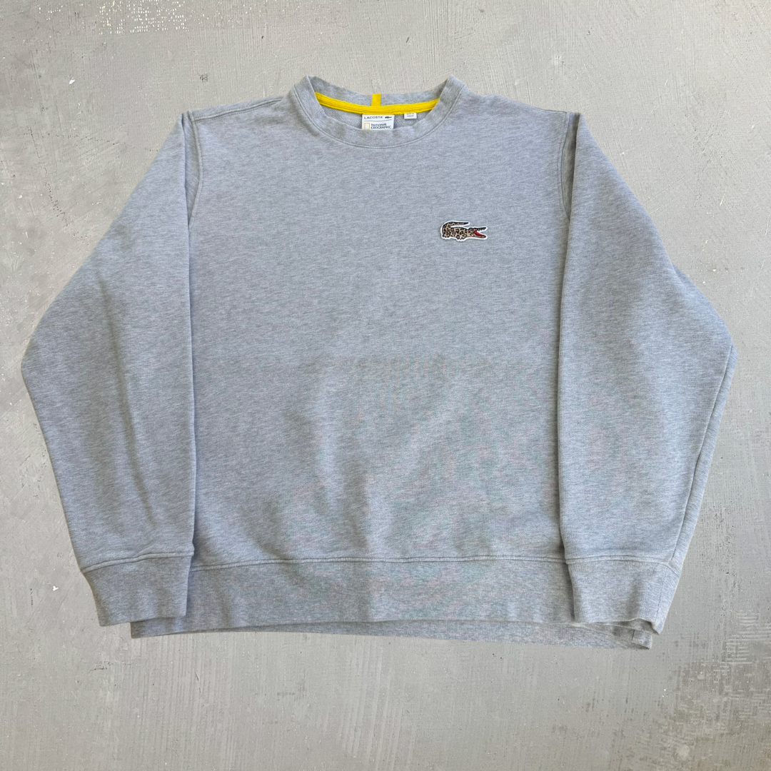 J- Lacoste National Geographic Embroidered Leopard Print Crocodile Logo Crewneck - 2XL