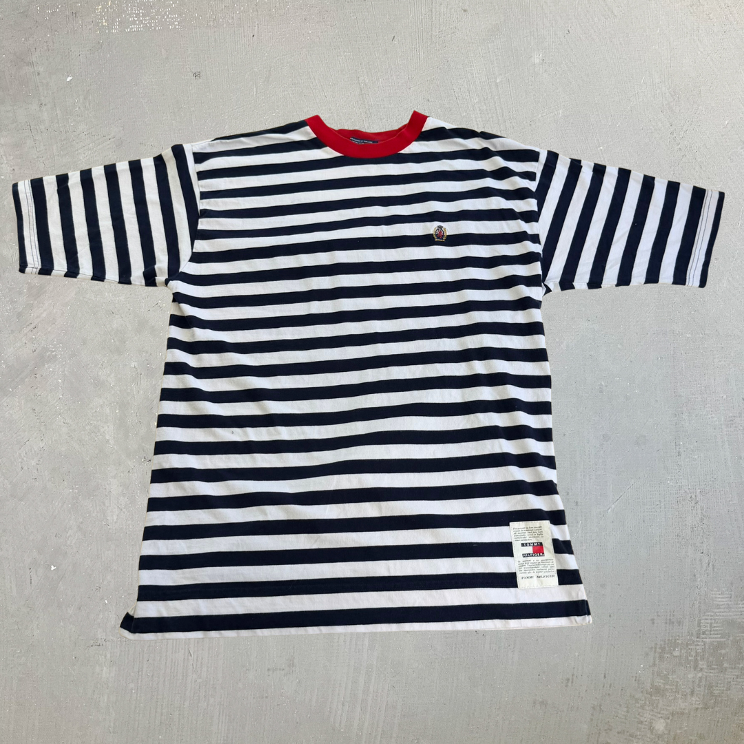 J- Vintage Tommy Hilfiger Embroidered Crest Striped Tee - XL