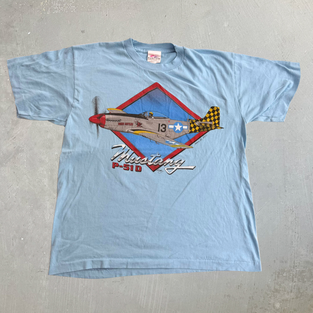 J- Vintage 90s P-51 D Mustang Fighter Plane Graphic Single Stitch Tee - L (fits M)