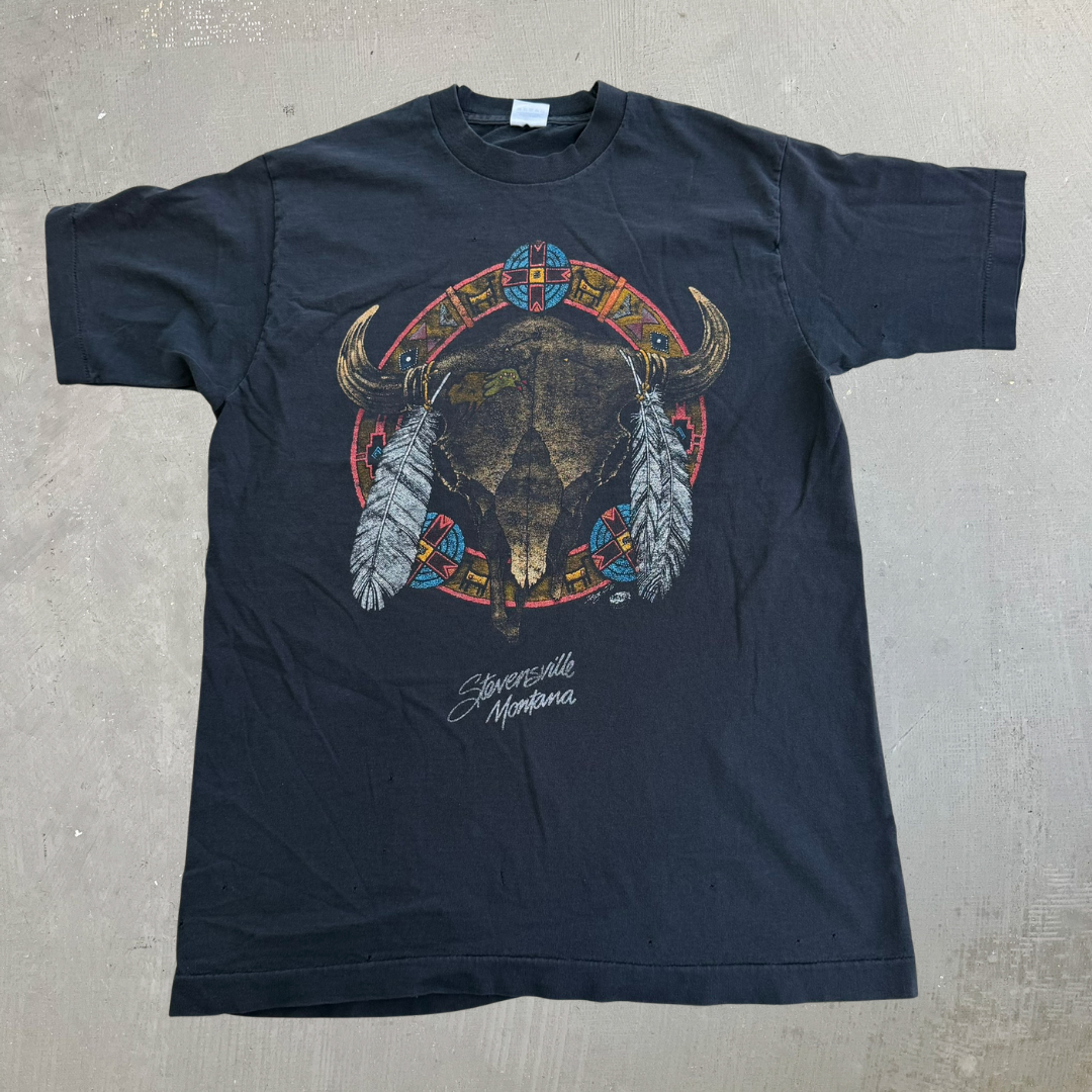 J- Vintage Stovensville Montana Bison Skulls Graphic Made In USA Single Stitch Tee - M