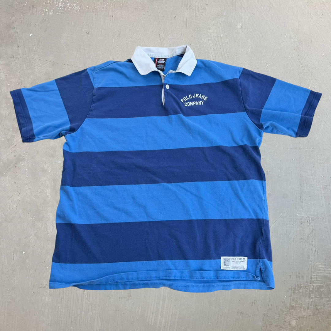J- Vintage Polo Jeans Ralph Lauren Embroidered Text Short Sleeve Rugby Shirt - L