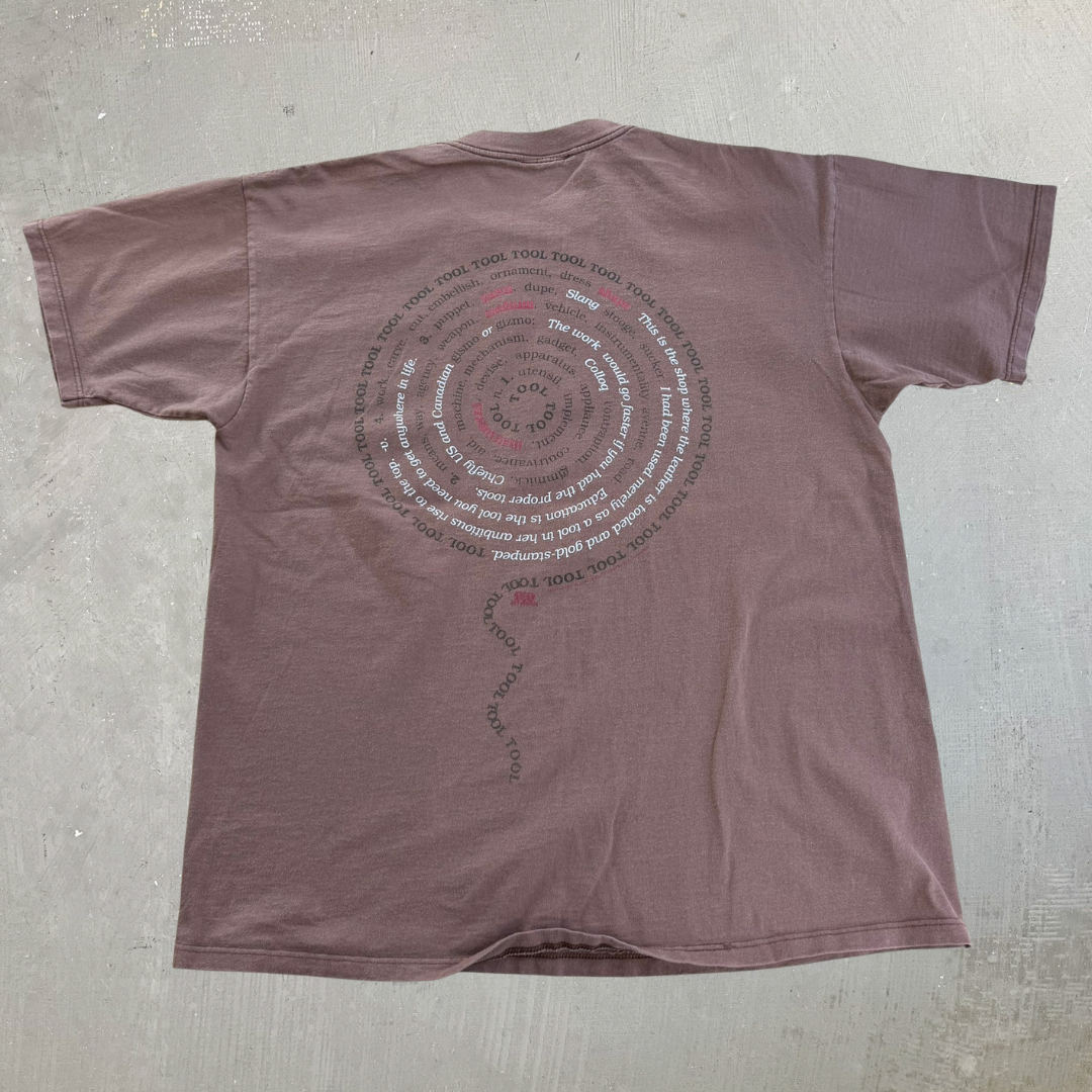 J- Vintage 90s Tool Mocha Brown Dictionary Spiral Text Made In Canada Artimonde Tag Tee - XL