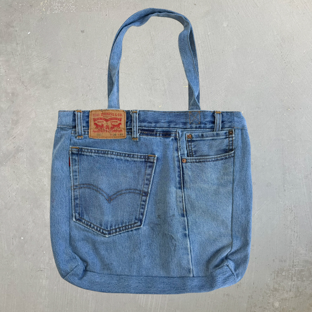 F- HOM Levi's 505 Medium Blue Denim Wash Reworked Denim/Jeans Tote Bag