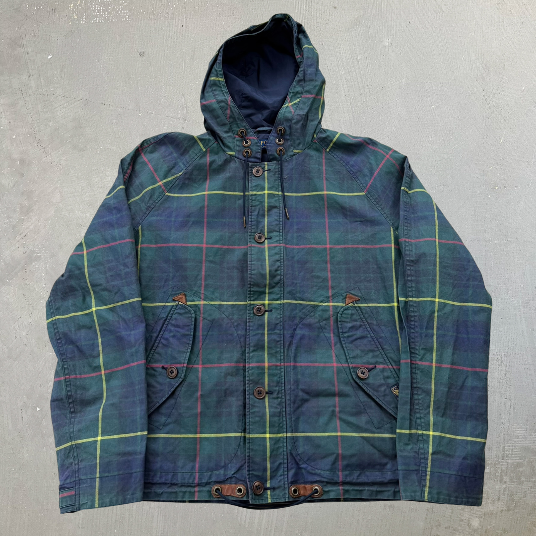 J- Vintage 90s Polo RL Co. All Over Plaid Hooded Rain Jacket - M